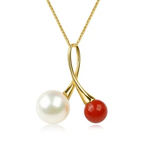 Round Japanese Akoya Pearl&Natural Red Coral Pendant 18K Solid Yellow Gold - Picture 1 of 6