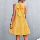 High Sleeveless Dress A Line Swing Dress Halter Tie Back Dress (Yellow L) BST
