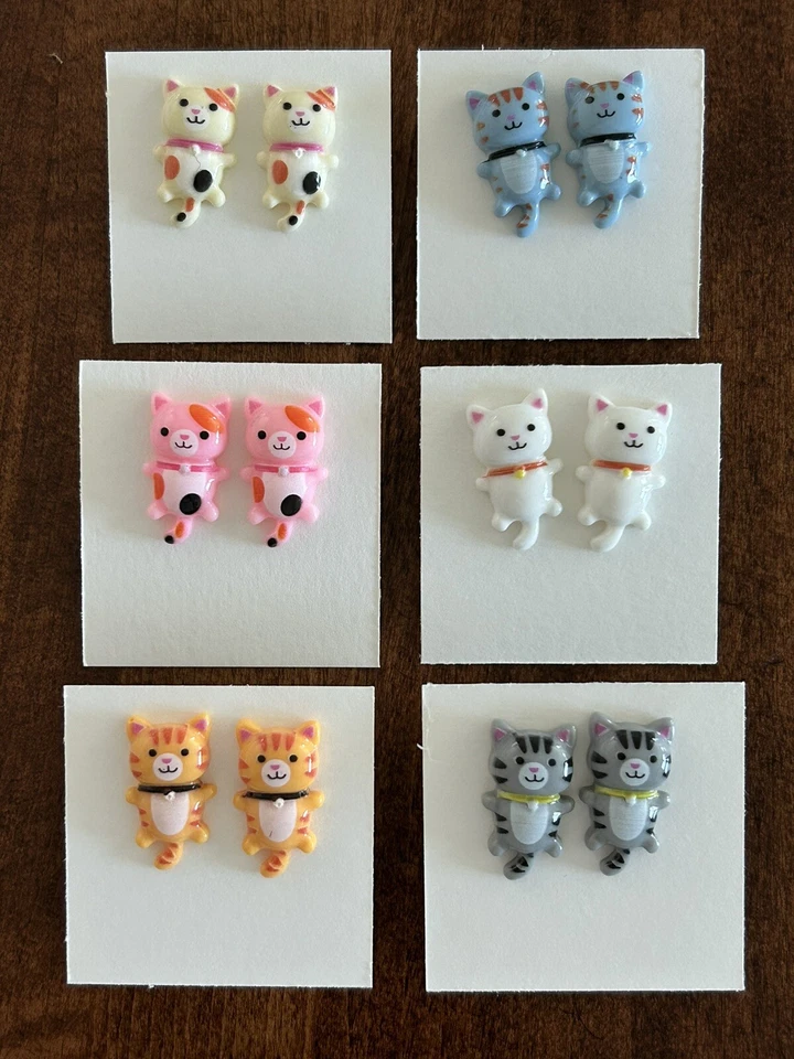 Kitty Cat Earrings Post Stud - Calico Tabby White Orange Pink Blue Pussycat - Image 1 of 1