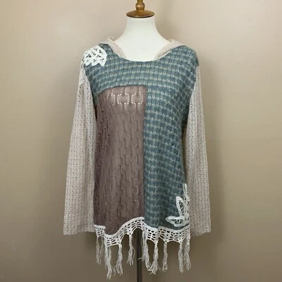 Suéter tejido abierto Ali Miles para mujer XL multicolor con capucha boho encaje borla túnica Foto 1 de 4