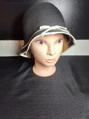 Women's New Old Stock Bamboo Cloche Hat Black And White Summer Beachy Chic  - Image 1 of 4