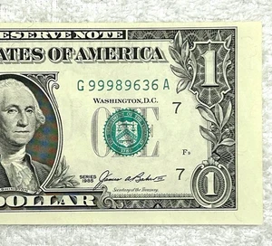 GEM 1985 High Fancy Serial $1 Bill Federal Reserve Note - 99989636 - Picture 1 of 3