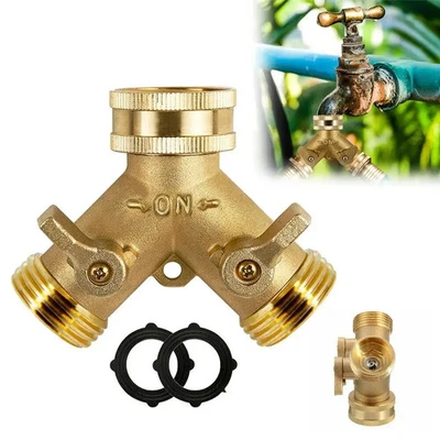 Garden Tap Splitter 2 Way Brass Outdoor Dual Hose Connector Anti-Leak - Image 1 of 4