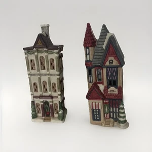 Bank & Toys Christmas Village Ceramic Buildings Vintage Store 7.5” & 8” Tall - Picture 1 of 15