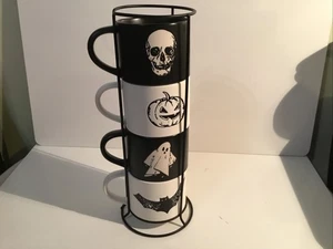4 Stapelbecher Becher & 1 Metallgestell Halloween ~ Geist, Fledermaus, Kürbis, Skelett - Bild 1 von 9