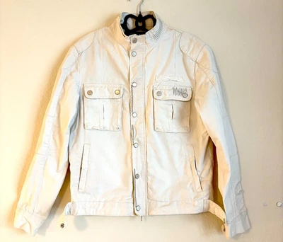 Chaqueta de motociclista Zara Man Off-White Denim envejecida (grande) Foto 1 de 4