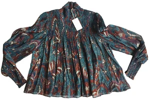 ULLA JOHNSON Dune Bluse blau Jugendstil Print Lurex Akzent Chiffon Gr. 4 NEU - Bild 1 von 8