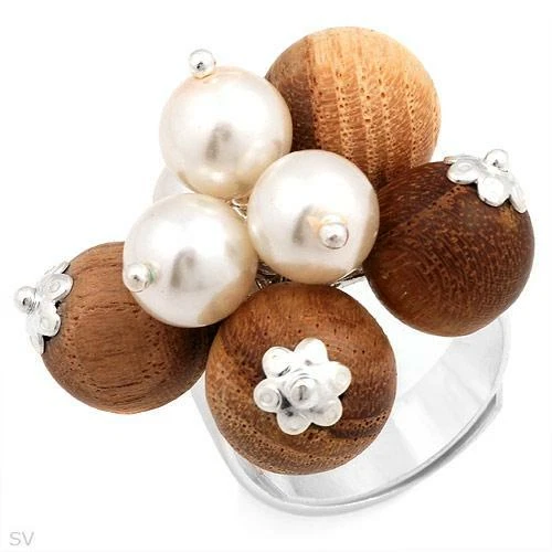 ANILLO DE DECLARACIÓN ABIERTO 925 SS 7 mm perlas blancas de agua dulce y cuentas de madera, l/6 Foto 1 de 1
