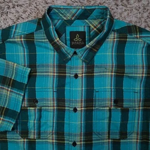 Prana Plaid Shirt Men Sz L Green Short Sleeve Button Up Casual Outdoor - Picture 1 of 9