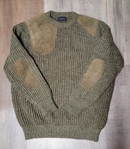 Vtg Brenire Scotland Pure New Wool Chunky Sweater Pullover Suede Patches Large - Bild 1 von 6