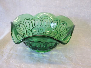Moon and Stars Pattern Glass GREEN Fenton LG WRIGHT Crimped Large BOWL RARE - Picture 1 of 11