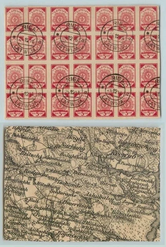 Latvia 🇱🇻 1918 SC 1 used black and white map block of 28 . f2850 Cover