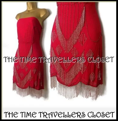 NUEVO CON ETIQUETAS MINI VESTIDO BANDEAU ROJO FLAPPER AÑOS 20 EMBELLECIDO TOPSHOP KATE MOSS UK 10 38 Foto 1 de 4