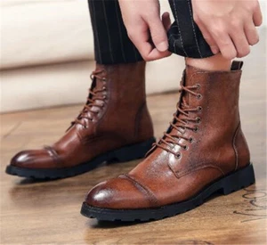 Mens Ankle Boots Leather Western Cowboy Knight Boots Outdoor Trendy Riding Pumps - Picture 1 of 9
