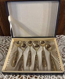 VTG ARGENTO 800 SILVER DEMITASSE SPOONS~24K Gold Plated~Set Of 6~Original Box - Picture 1 of 11