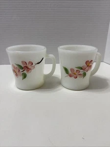 Two FIRE KING Peach Blossom Mugs Anchor Hocking Vintage Milk Glass Flowers MCM - Picture 1 of 11