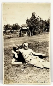 1920s Two Young Flapper Women Laying Outdoors Affectionate Vtg Snapshot Photo - Picture 1 of 3