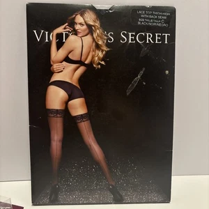 Victorias Secret Satin Lace Top Thigh Highs With Back Seam Black Sz C - Picture 1 of 2