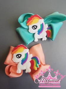 SO CUTE Pair Baby/Toddler Boutique Style RAINBOW UNICORN Hair Bow Piggies! L@@K! - Picture 1 of 12