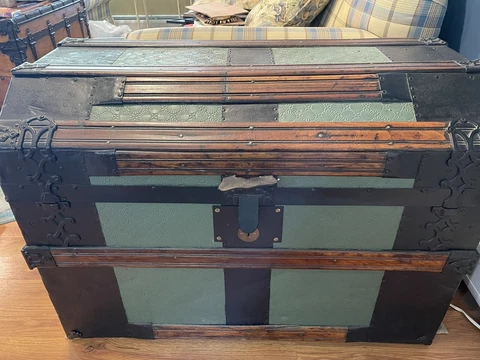 Antique Steamer Trunk-Green Embossed Tin With Wood Trim Cover