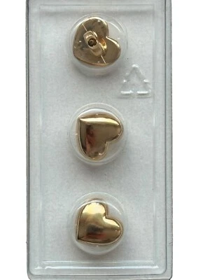Buttons Hearts 24K Gold Plated Shank 3-Pack  7/16"  11MM Vintage Dill No. 1685 - Image 1 of 4