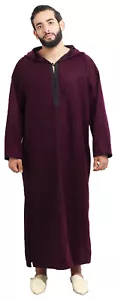 Moroccan Men Winter Jelaba Jellaba Caftan Kaftan Hooded Cotton Robe Burgundy - Picture 1 of 5