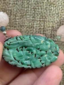 Vintage Chinese Estate Deco Carved Green Jadeite Rose Quartz Pendant Necklace - Picture 1 of 14