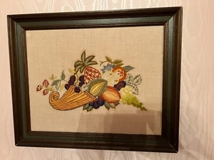 Vtg Finished Professionally Framed Crewel Cornucopia Horn of Plenty 17x21 Pre-O - Picture 1 of 9