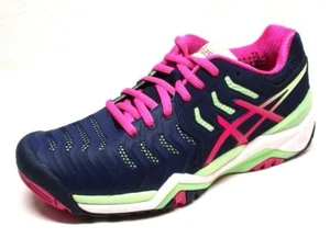 Zapato de tenis para mujer Asics resolución gel 7 azul índigo/rosa brillante/verde paraíso. - Imagen 1 de 10