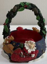 Vtg Santa Clause Sleigh Reindeer Basket Resin Ornate Christmas Basket Decoration