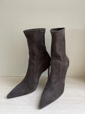 $650 Stuart Weitzman Stuart 100 Ankle Bootie Gray Suede Sock Boots High Heel 9 - Image 1 of 4