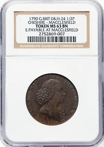 Great Britain - 1790 Cheshire , Macclesfield 1/2 Penny Token - NGC MS63BN - Picture 1 of 2