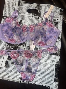 Victorias Secret Wicked Unlined Balconette Bra VString Set Floral Purple 36dd/M - Picture 1 of 5