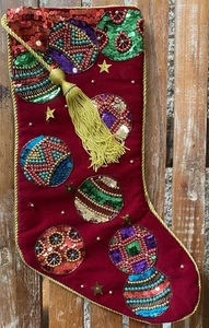 Vintage Velvet Beaded & Sequins Ornament Design Christmas Stocking Red 17 1/2" - Picture 1 of 7