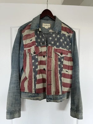 RALPH LAUREN ДЖИНСОВОЙ ТКАНИ И ПОСТАВКИ ПРОБЛЕМНЫХ США ФЛАГ ВИНТАЖНЫЙ ВОДИТЕЛЬ ГРУЗОВИКА КУРТКА M ** ЧИТАТЬ ** - Изображение 1 из 4