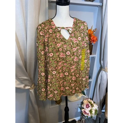 NWT Jessica Simpson Leslie Boho Top Bell Like Sleeves M Botanical Dots Green  - Image 1 of 4