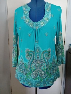 I•N•C International Concepts Women's Teal Paisley Top XL 3/4 Bell Sleeves Nylon - Image 1 of 4