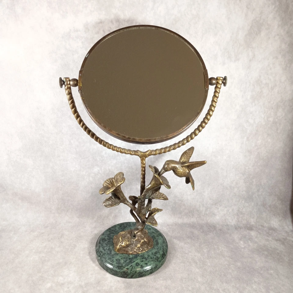 Espejo tocador de mesa SPI Home de latón y mármol colibrí y flores de dos caras Foto 1 de 4