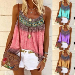 Women Loose Vest Bohemian Round Neck Fashion Sleeveless T-Shirt Boho Tops - Picture 1 of 25