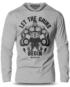 031. Let The Gains Begin Lightweight Long Sleeve Hooded T-Shirt for Men - Picture 1 of 12