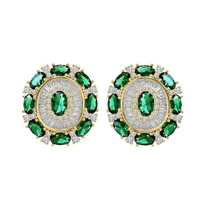 2Ct Oval Schliff Labor Erstellt Grün Smaragd Cluster Ohrstecker Gelb Vergoldet - Bild 1 von 3