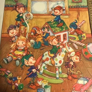 Tarjeta de Navidad de colección SIN USAR Él mismo Elfo Elfos Santa’s Workshop Making Toys - Imagen 1 de 5