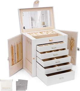 Large Jewelry Box 6 Layer 5 Drawer Mirror Organizer Leather Case Ring Necklace - Picture 1 of 6