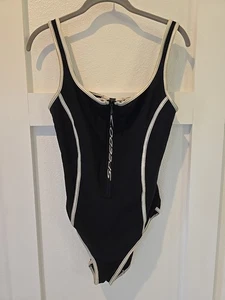 Costume intero Speedo vintage anni 90 zip anteriore nero argento tubino taglia 14 USA - Foto 1 di 11
