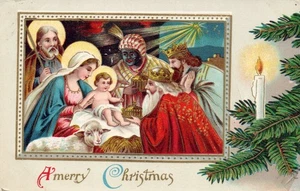 1915 Manger scene Bethlehem A Merry Christmas candle gel finish - Picture 1 of 2