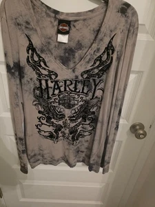 Damen Harley Davidson brünierter Samt schwarz & grau Batik L/S Shirt XXL - Bild 1 von 5