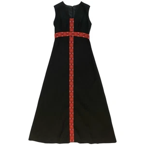 VTG 60s/70s Mariman Black Sheath Maxi Dress With Pink Orange Floral Woven Trim S - Picture 1 of 12