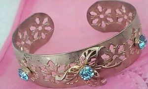 Vintage BRACELET brass cuff with Blue crystal accents Krementz Unsigned A7 - Picture 1 of 6