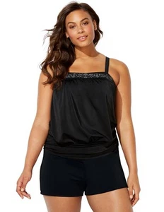 Swimsuits for All Laser Cut Blouson Tankini Set With Banded Short - Black - Picture 1 of 6