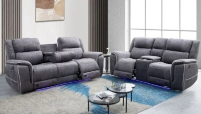 Hannah 3 + 2 Grey Sofa Set Micro Fibre Fabric Electrical Recliners + Blue LED - Image 1 of 4